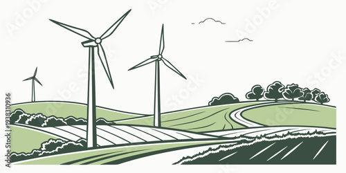 Countryside Wind Farm Minimal Vector Landscape
