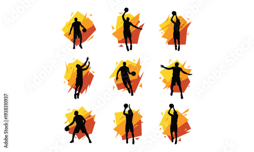 Set of Nine Basketball Player Silhouettes in Dynamic Action Poses