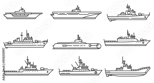 Various Naval Ships and Boats Illustration.