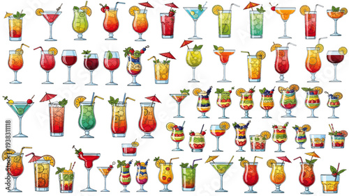 Colorful vector drink collection with fruit juice blends, fresh cocktail mix ideas, healthy salad beverages, tropical smoothies, bar menu illustration set.