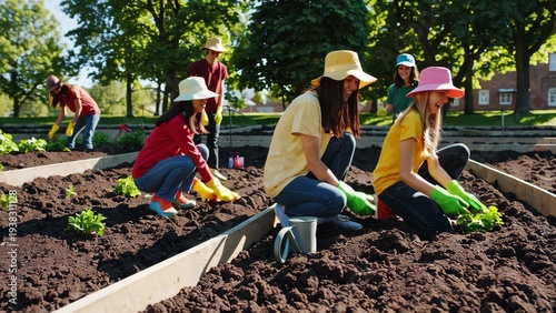 A Group of Enthusiastic Gardeners Engaging in Hands-On Planting Activities in a Community Garden Surrounded by Lush Trees and Beautiful Nature