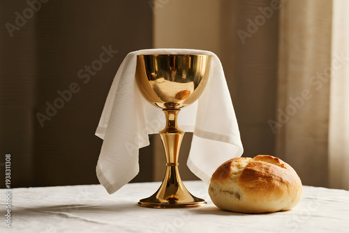 new Holy Thursday Religious chalice and bread on table