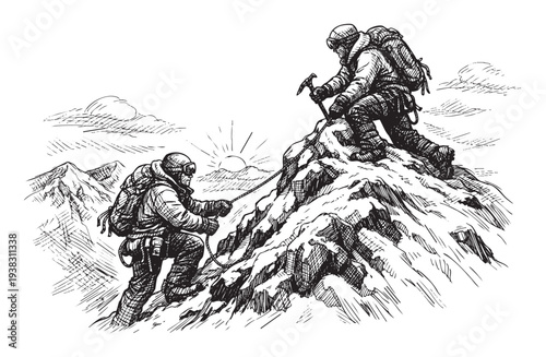 Hand-drawn illustration of two mountain climbers ascending a snowy peak at sunrise, showcasing teamwork and adventure with crisp lines, perfect for outdoor, travel, and resilience themes.
