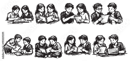 Hand drawn ink sketch illustration depicting young students, both boys and girls, collaborating on books and papers, creating a studious and collaborative atmosphere.