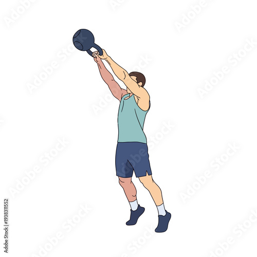 Man exercising with kettlebell, dynamic full body workout, strength training, fitness illustration