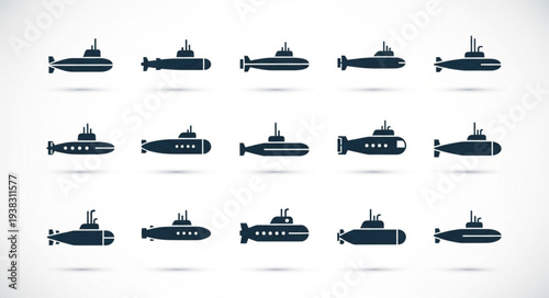 Various Submarine Silhouettes on White Background.