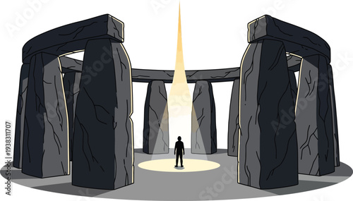 Person standing in Stonehenge with light beam shining through ancient stones structure