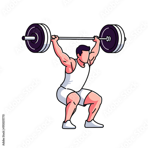 Man lifting heavy barbell overhead during weightlifting exercise, strength training