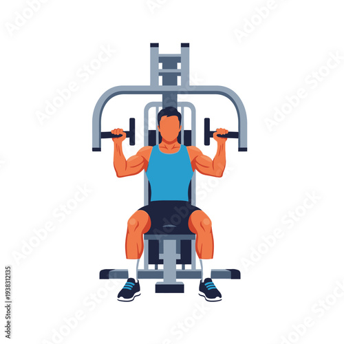Man working out on a gym machine, chest press exercise, fitness and strength training