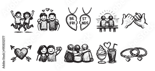 Illustration featuring friendship icons: jumping friends, best friends necklace, handshake, a group hug, symbolizing connection, love, and support, rendered in a hand-drawn sketch style.