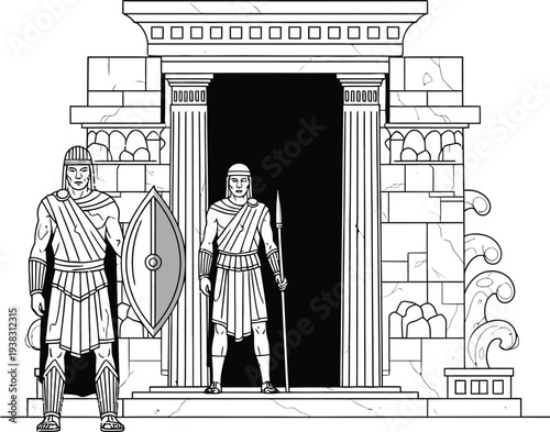 Ancient Roman soldiers standing guard at a stone entrance with columns and shields.