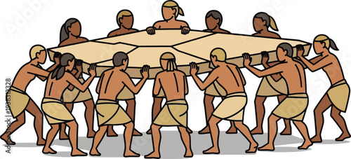 People work together to move a large object in a collaborative effort outdoors.