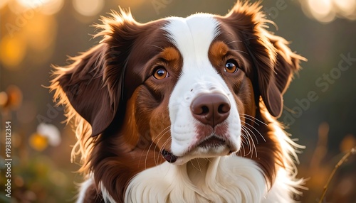 Tri-colored dog with brown eyes, looking upward amidst bokeh lights and foliage in soft light