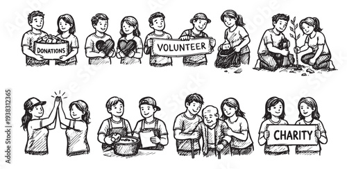 Black and white sketch illustration depicting volunteers in various acts of charity, including collecting donations, planting trees, cooking, and helping the elderly.