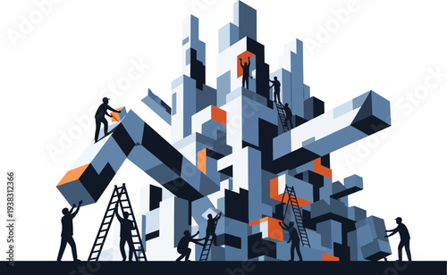 Workers construct a complex 3D geometric structure with blocks and ladders.