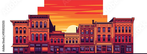 Sunset over a vibrant cityscape with colorful buildings standing tall.