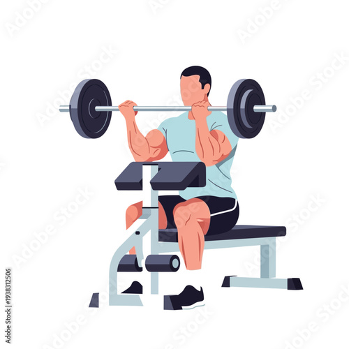 Man doing barbell curls on a preacher bench, building biceps in a gym