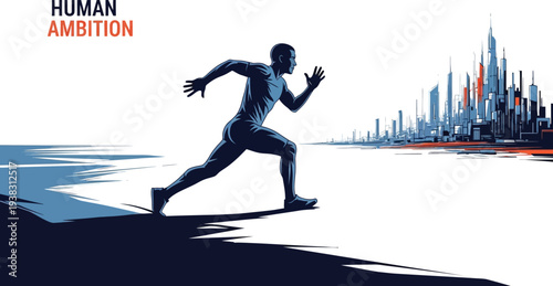 Man running towards city skyline with ambition and determination in a modern urban landscape.