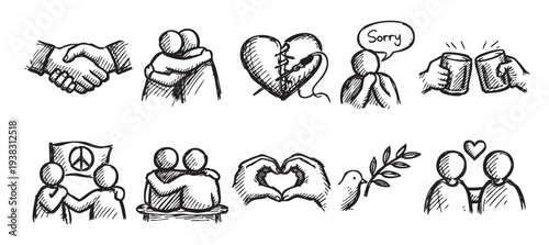 Set of hand-drawn black and white line art style icons representing relationships, including reconciliation, support, peace, and love on a white background, perfect for concepts related to forgiveness