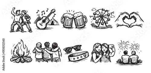 Black and white illustration featuring various festival icons and activities, including music, friendship, love, camping, beer, and fireworks; ideal for event promotion, creative projects.