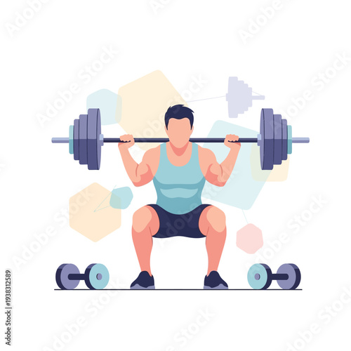 Man doing barbell squats with dumbbells, fitness and weightlifting concept illustration