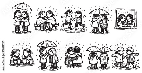 A hand-drawn illustration of children enjoying various rainy day activities, including walking with umbrellas, hugging, drinking hot beverages, and playing in puddles.