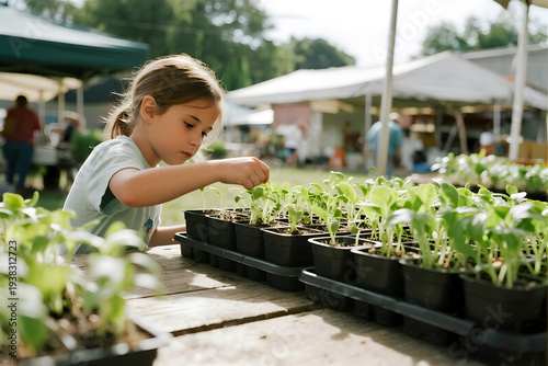 new earth day Young girl tending to seedlings at market