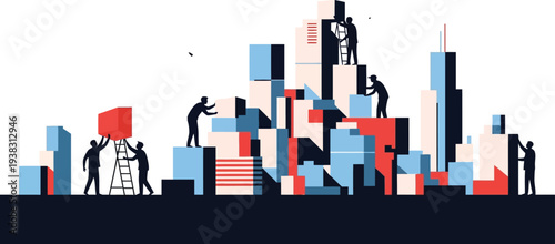 Workers build a colorful cityscape with blocks and ladders in an urban environment.