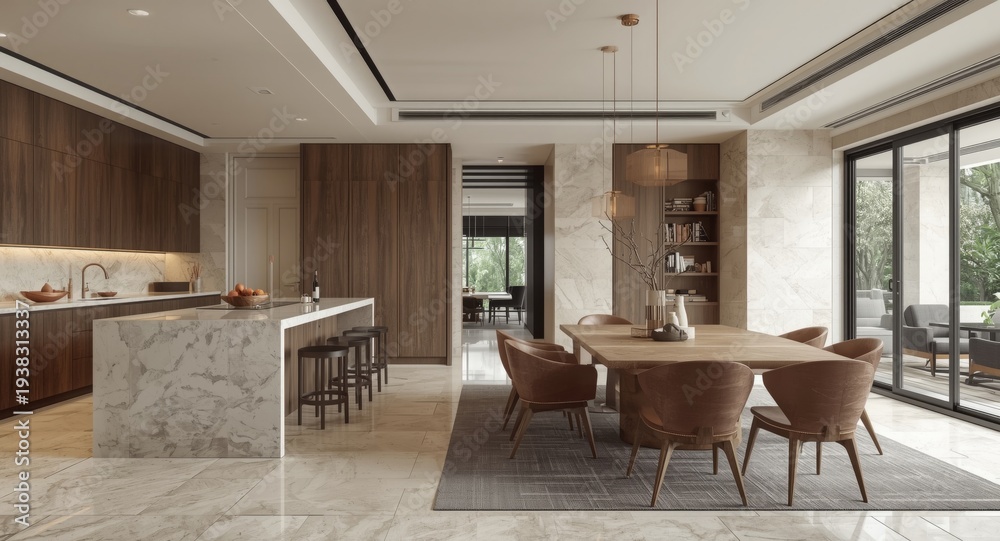 Fototapeta premium Chic kitchen and dining area highlighted by travertine elements and open flow