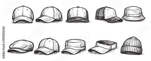 Ten hand-drawn hat styles are arranged on a white background, offering a vintage, retro illustration style suitable for fashion or apparel concepts.