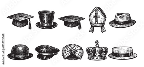 A collection of detailed hand-drawn sketches of diverse hats and headwear, including a graduation cap, top hat, crown, and religious headwear, against a white background, perfect for illustrations.