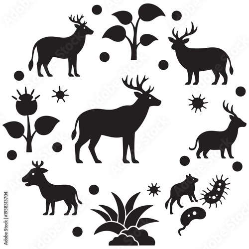 Biodiversity Circle Showing Animals Plants And Microbes Icons Representing Ecosystem Diversity — Black Solid Conservation Emblem Isolated On White