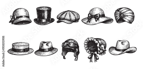 Black and white engraving of various vintage hats, including a top hat, bonnet, newsboy cap, and aviator helmet, isolated on a white background, offering a retro aesthetic.
