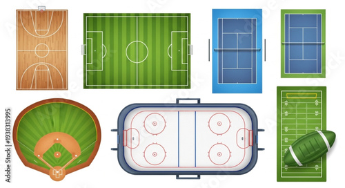 Collection of Various Sports Fields and Courts Top View.