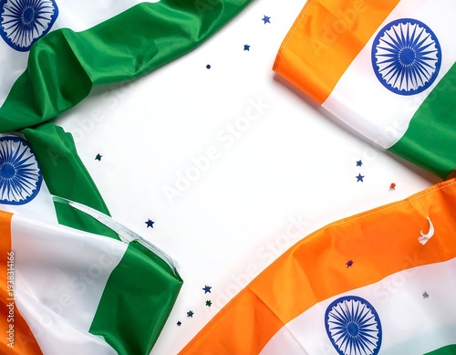 Tricolored flags frame a white space, complemented by tiny star-shaped confetti, creating a celebratory ambiance