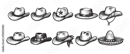 Hand-drawn cowboy hats and a sombrero are lined up in a detailed sketch against a white background, perfect for western themed designs, illustrations, or creative projects.