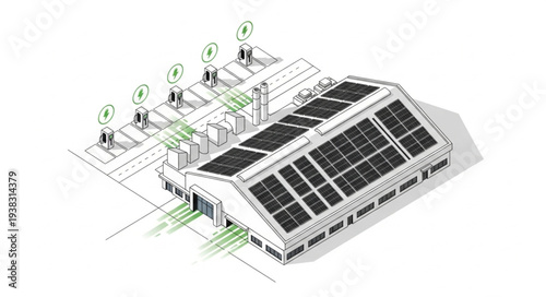 Modern building with solar panels and green energy infrastructure.