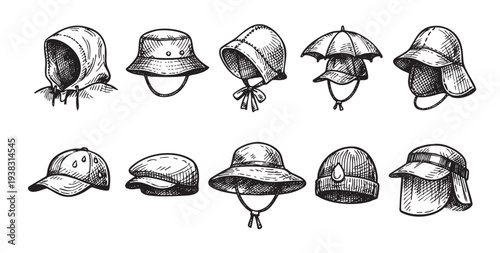Hand drawn sketch of different hat styles on a white background, evoking a vintage or retro feel; perfect for fashion illustration or graphic design projects.