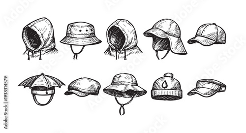 Black and white hand-drawn sketch featuring a variety of hat styles and hooded garments, suitable for fashion design mockups or creative graphic illustrations.