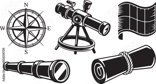 Steampunk compass and vintage navigation instrument set vector
