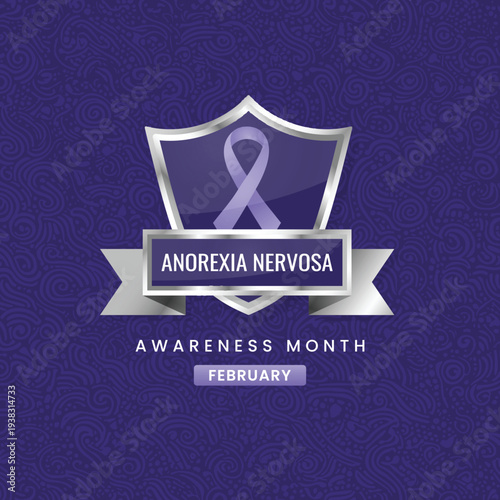 Observe Anorexia Nervosa Awareness Month in February with this emblem featuring a metallic shield, a delicate purple-lavender ribbon and a banner. It symbolizes strength, hope and support for recovery