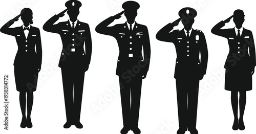 Military officer salute silhouettes collection, male and female army personnel standing salute pose, armed forces respect concept isolated background