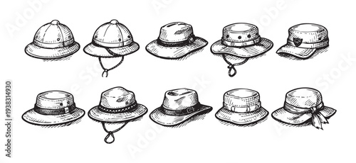 Artistic hand-drawn illustration showcasing a diverse collection of hats, including safari, bucket, and fedora styles, all depicted in a detailed black-and-white sketch on a clean white backdrop.