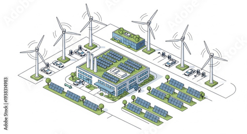 Sustainable energy concept with wind turbines and solar panels powering buildings.