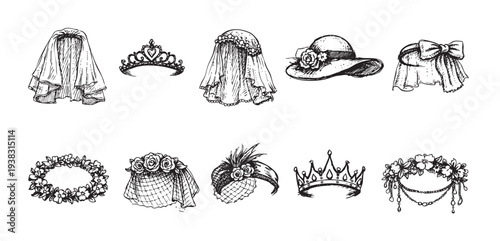This line art illustration features a collection of wedding headwear, including veils, crowns, hats, and floral headbands, sketched in black on a white background. Perfect for design projects.