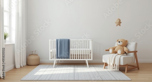 Wallpaper Mural Bright nursery space with a baby cradle covered in blue fabric and a plush bear seated on an armchair Torontodigital.ca