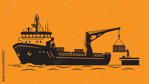 Cargo Ship Loading Container with Crane Illustration