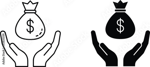 Money bag with dollar sign held by human hands icon set representing financial support charity investment savings banking wealth and donation concepts in black line and solid styles