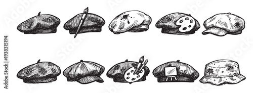 Black and white illustration set of artistic berets and hats. Detailed hand-drawn sketching for art projects, creative designs, and fashion illustrations.