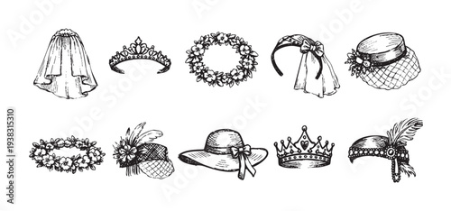 Elegant sketch illustration showcasing a collection of bridal headwear, including veils, tiaras, flower crowns, and hats, perfect for wedding invitations, fashion design, or vintage themes.